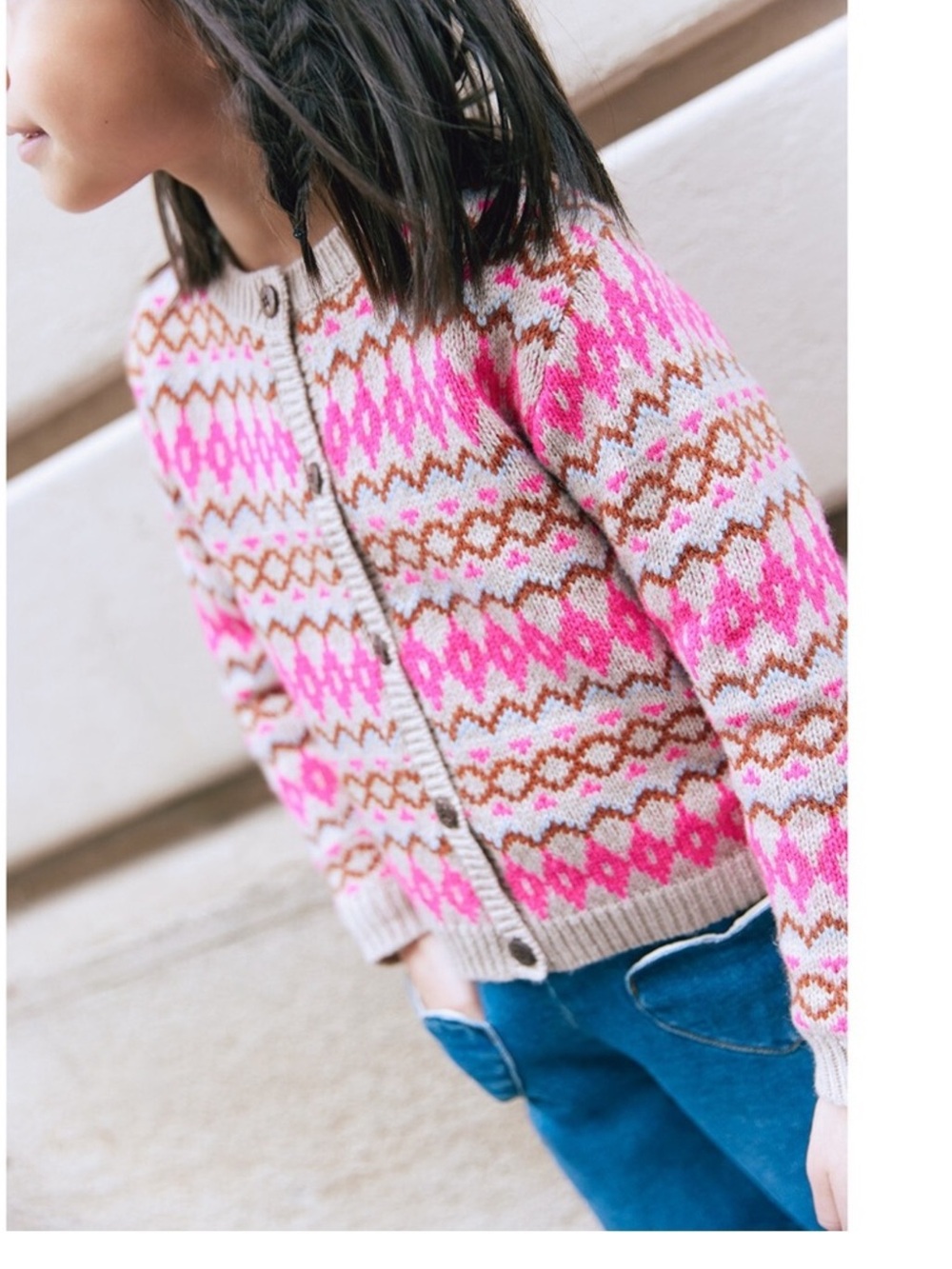 BONTON NWT Button Knit Long Sleeve Neon Pop Lilou Fair Isle Cardigan Sweater
